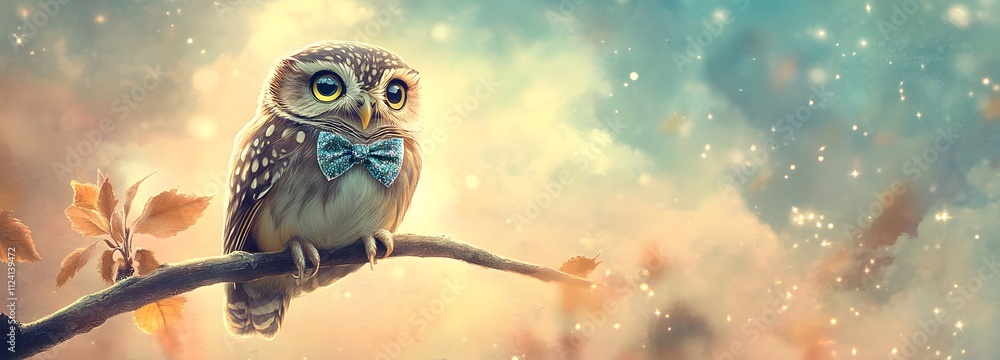 Aufkleber a tiny owl in a glittering bowtie, perched on a branch with sparkles floating around, against a soft