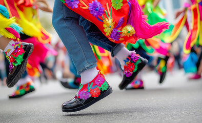 Colorful traditional dance celebrations with vibrant costumes and floral decorations