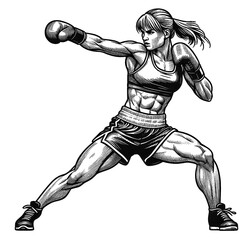 Fototapeta premium A female boxer throwing a powerful punch, line sketch engraving. black and white.