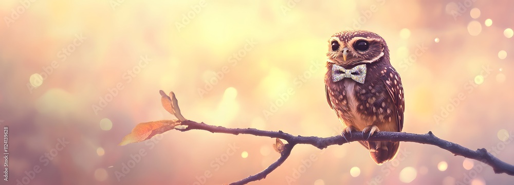 Poster a tiny owl in a glittering bowtie, perched on a branch with sparkles floating around, against a soft