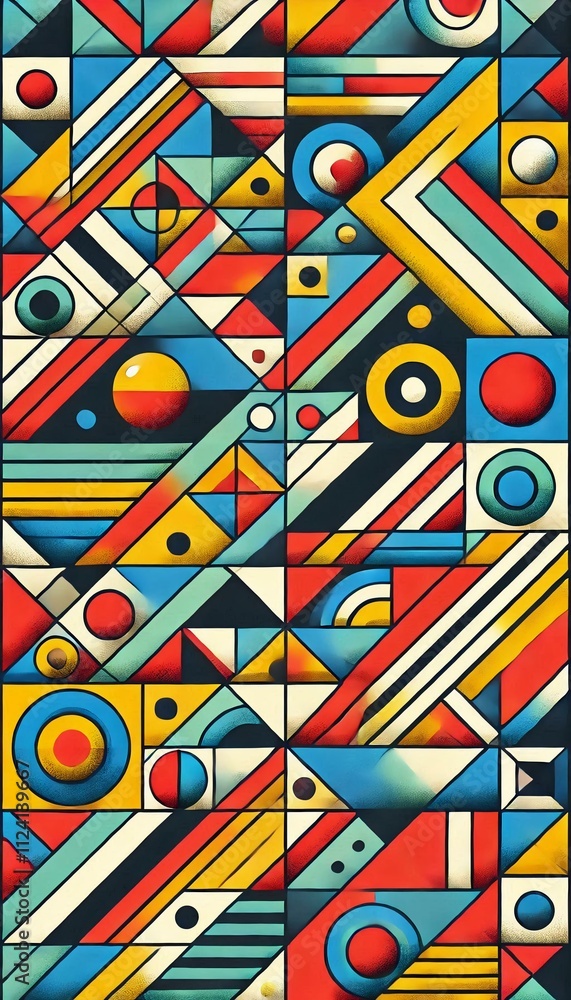 Fototapete a vibrant geometric pattern featuring a variety of shapes such as triangles, circles, and squares. t