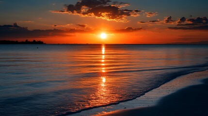 Stunning sunset over calm ocean waters with golden hues and soft waves