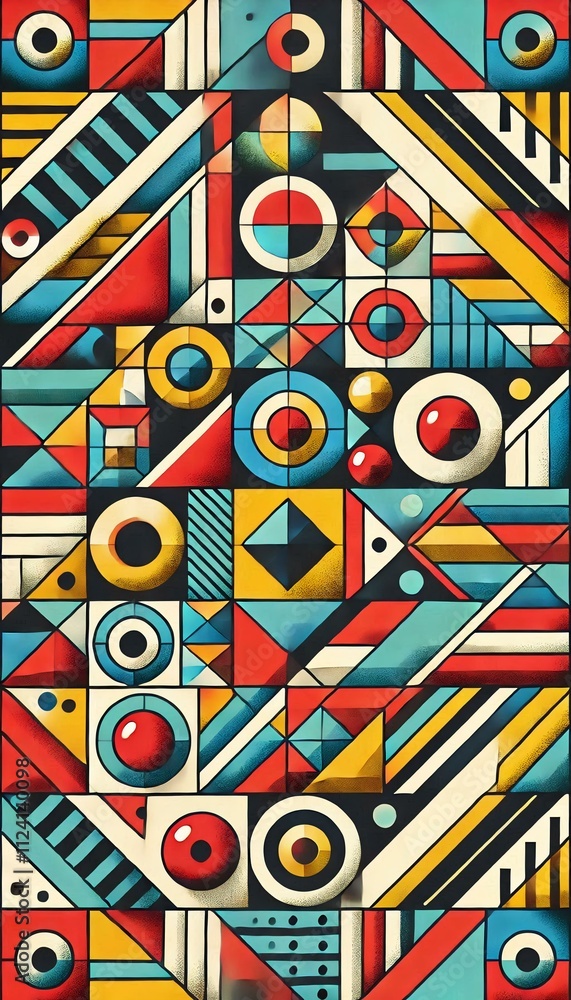 Fototapete a vibrant geometric pattern featuring a variety of shapes such as triangles, circles, and squares. t
