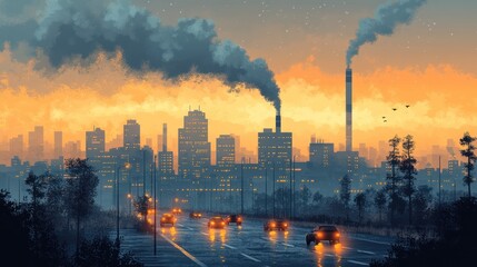 Obraz premium Smog-filled sunset over an industrial city with traffic on a wet highway.