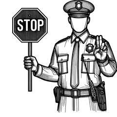 Obraz premium A police officer holding a whistle and a stop sign, line sketch engraving. black and white.