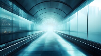 Futuristic hallway illuminated in blue tones, creating an ethereal atmosphere.