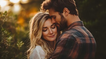 Obraz premium Couple embracing warmly in a sunlit forest, showcasing love and connection.