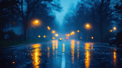 Obraz premium Rainy night street scene with blurred lights and reflections.