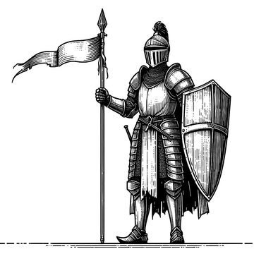 A knight holding a lance and shield, line sketch engraving. black and white.