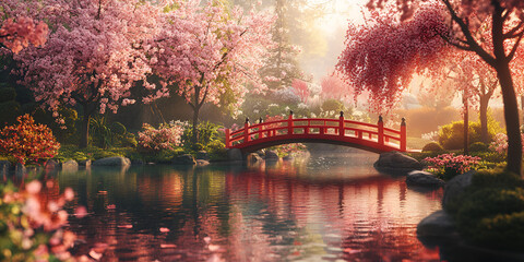 Red Bridge and Cherry Blossoms Reflecting Over Serene Water