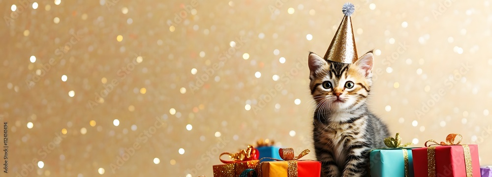 Aufkleber a chubby kitten in a shiny party hat, standing next to a pile of colorful presents with a soft gold 