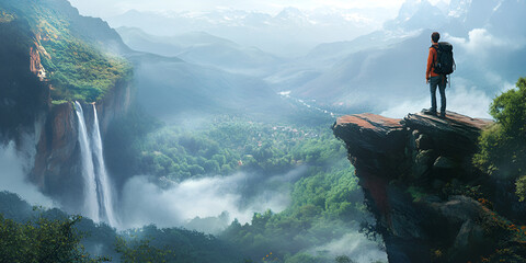 Adventurous Hiker Overlooking Jungle Waterfalls in Tropical Landscape