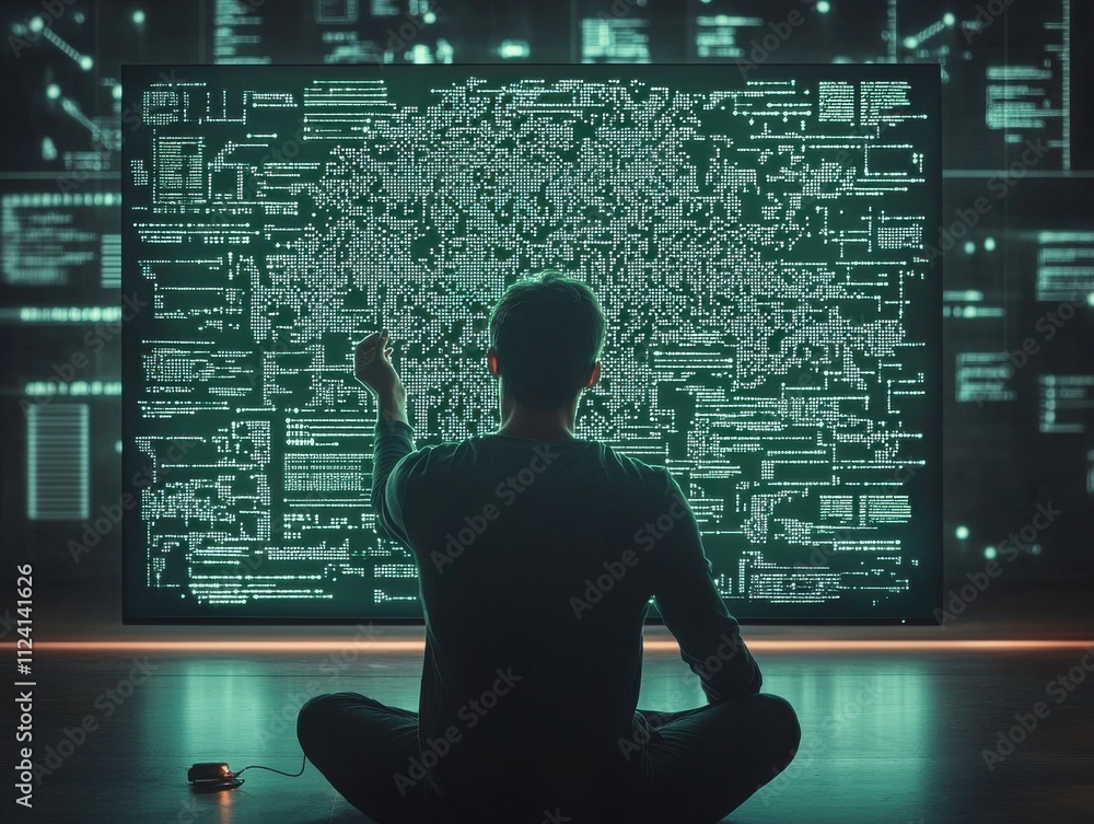 Poster a person analyzing complex data on a digital screen.