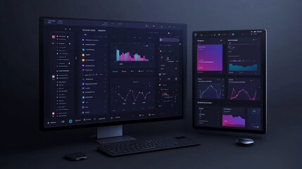 Dark-themed desktop and tablet displaying data analytics dashboards with charts and graphs.