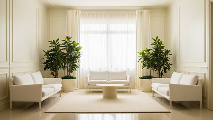Minimalist Living Room with White Furniture and Indoor Plants for a Serene Ambiance