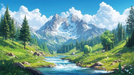 Serene mountain river scene with lush green meadows, snow-capped peaks, and fluffy clouds under a bright sunny sky.