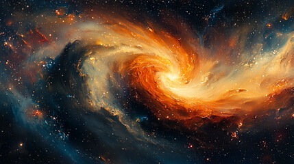 swirling galaxy painting in vibrant shades of orange and blue with starry details