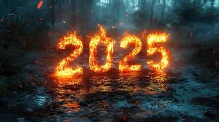 Fiery 2025 in Smoky Forest Setting