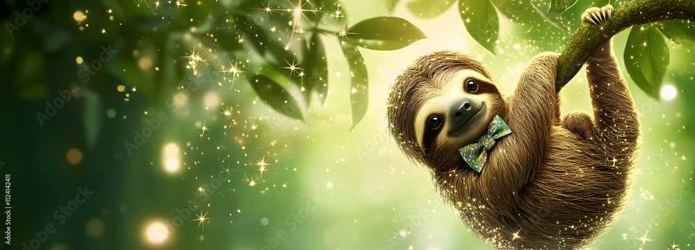 Poster a baby sloth in a sparkly bowtie, hanging from a tree branch surrounded by shimmering stars with a s