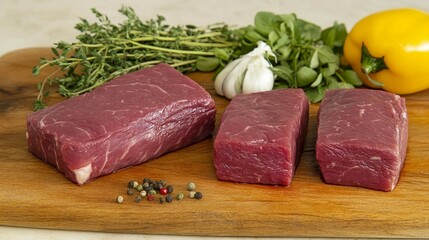 Fototapeta premium Fresh Raw Beef Steaks with Vegetables and Herbs on a Cutting Board