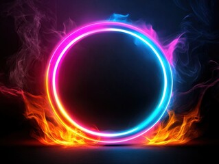 A vibrant neon circle surrounded by colorful flames and smoke.