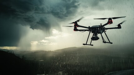 Drone flying in a stormy landscape.