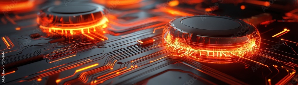 Poster abstract close-up of a futuristic circuit board with glowing elements.