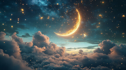 A celestial wonderland scene with floating clouds