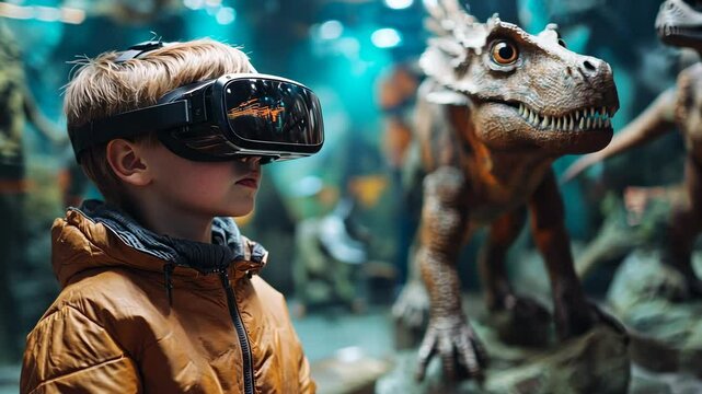 Child Wearing Virtual Reality Headset in a Dinosaur Exhibit at a Museum