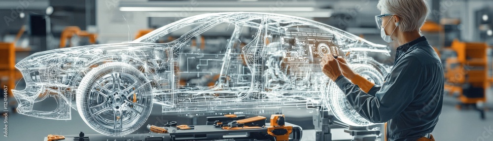 Poster engineer inspecting transparent car model in a modern workshop.