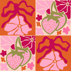 Groovy Strawberry coquette seamless tile in Matisse vibes. Trendy Naive Floral Vector Background in 1970s with Bows. art nouveau pattern. Can be used for Print on fabric, wrapping paper, wallpaper.