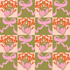 Groovy Strawberry coquette seamless tile in Matisse vibes. Trendy Naive Floral Vector Background in 1970s with Bows. art nouveau pattern. Can be used for Print on fabric, wrapping paper, wallpaper.