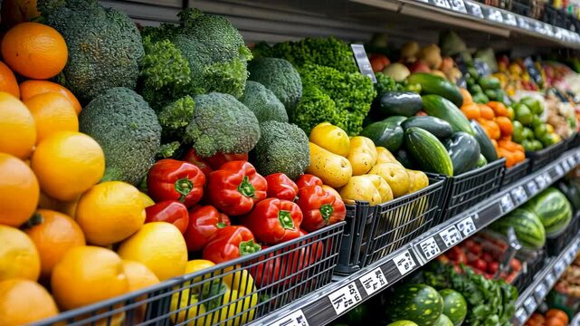 Fresh produce display in a grocery store featuring colorful vegetables and fruits