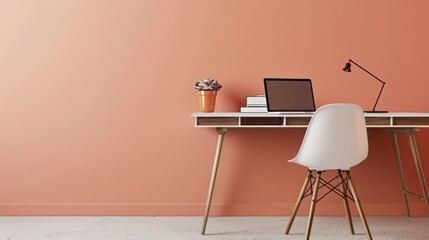 Sleek Minimalist Workspace with Modern Desk and Chair Against Pastel Orange Wall