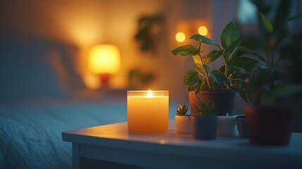 Frame on a nightstand with a candle and small plants, moody lighting