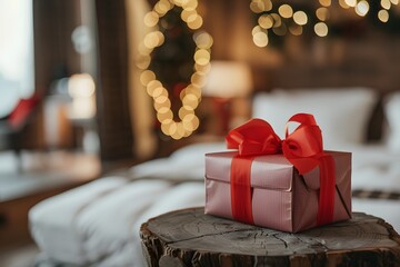 Tilt-shift photograph of a gift box with a red ribbon on a tree stump in the foreground, a luxurious bed and pillows in the background, Generative AI