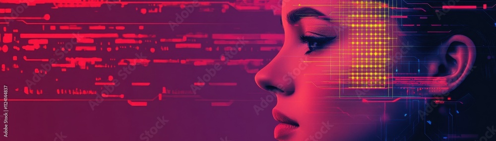 Poster futuristic digital face profile with vibrant color patterns.