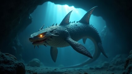 3D render of a hybrid creature combining a shark's head  sharp teeth and fins bioluminescent  predatory power ghostly light