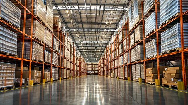 Spacious warehouse interior with organized shelves and stacked boxes in a commercial storage facility