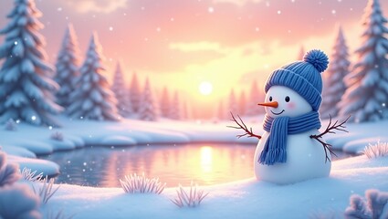 Fototapeta premium illustration of a snowman cuteness wearing a cozy blue knit hat and a snug scarf pond in a snow-blanketed meadow warm oranges and pinks across the sky