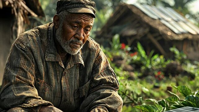 Elderly Farmer in Traditional Attire Contemplating Solar Panel in Lush Green Rural Landscape