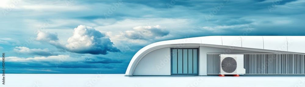 Poster modern building with sleek design on a clear day, emphasizing simplicity.