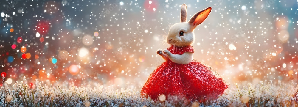 Poster a cute bunny in a shiny red dress, with a gentle snowfall in the background and multicolored lights,