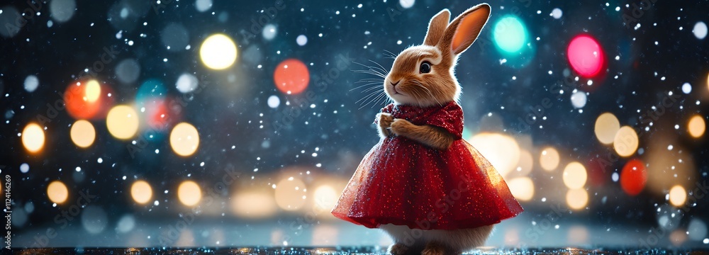 Poster a cute bunny in a shiny red dress, with a gentle snowfall in the background and multicolored lights,
