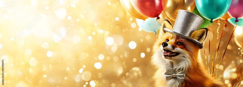 Poster a fluffy fox in a silver top hat, standing in front of a sparkly gold background with colorful ballo