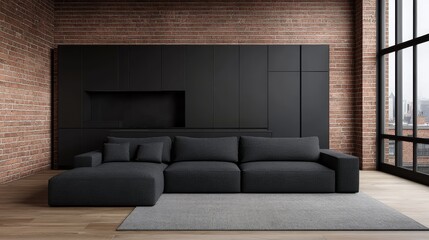 Stylish black couch against rustic brick wall, creating a cozy and inviting living room atmosphere
