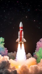 Fototapeta premium Cartoon rocket launching with colorful smoke and stars on a black background. 