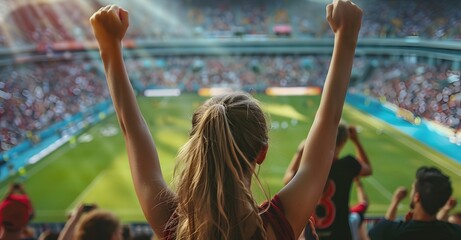 Fototapeta premium Girl cheering at the stadium with raised hands, a crowd of people around in a blurred background. They support their team during a competition or match, Generative AI
