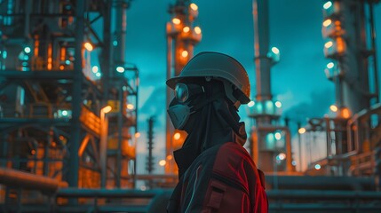 Obraz premium An engineer wearing a helmet and mask in front of an industrial plant at night, with a back view, blue lighting, Generative AI 