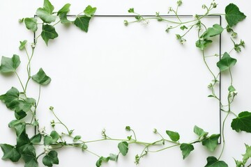 Fototapeta premium A minimalist rectangular frame with a single strand of green ivy and small white blossoms on a white background